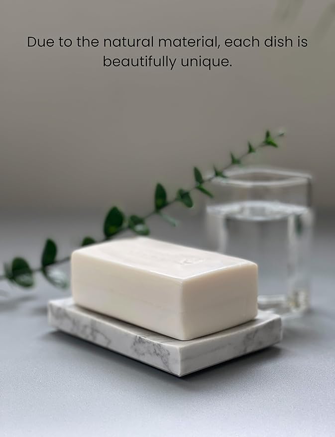 Real Marble Soap Dish - Soap Dish for Shower, Shower Bar Soap Holder, Marble Dish for Bathroom Kitchen, Decorative Stone Soap Dish (Calacatta White, Drainage Holes, Rectangular)