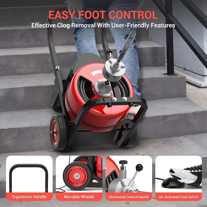 100Ft 3/4 Inch Cable Drain Cleaning Machine, 450W Auto Feed Portable Electric Sewer Snake, Electric Drain Auger with 4 Cutter Air-Activated Foot Switch for 2" to 4" Pipes