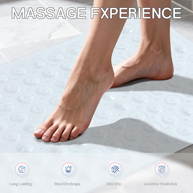 Anti-Slip Bathtub Shower mat, 27.5×14.5（Approximately 70×37cm） inch Soft Oversized Machine Washable Non-Slip Bathtub mat with Drainage Holes, Bathroom Floor Suction Cup.（1-Clear White）