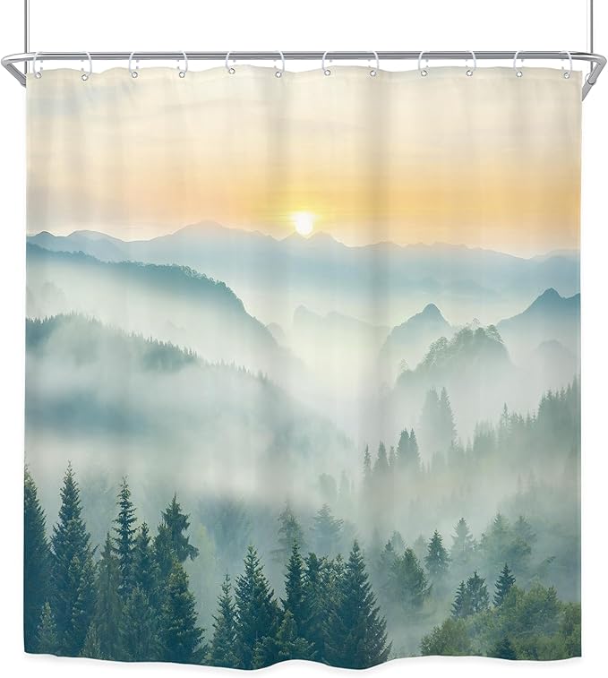 Riyidecor Extra Long Mountain Shower Curtain 72Wx84H Inch Green Yellow Sunrise Sunset Misty Scenery Landscape Nature Woodland Greenery View Bathroom Decor Fabric Polyester Waterproof 12 Pack Hooks