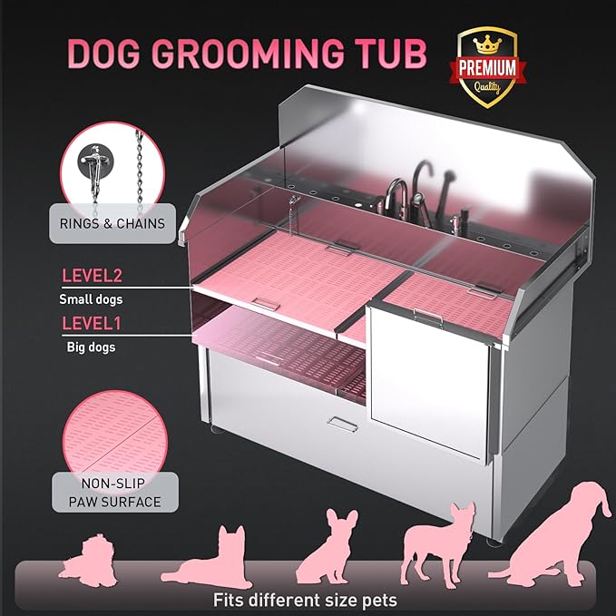 Dog Washing Station – 61 inch Professional 304 Stainless Steel Grooming Tub w/Ramp, Drawer, Faucet & Floor Grate, Dog Bathing Station for Large, Medium & Small Pets, 19" Leak-Proof Deep Soak