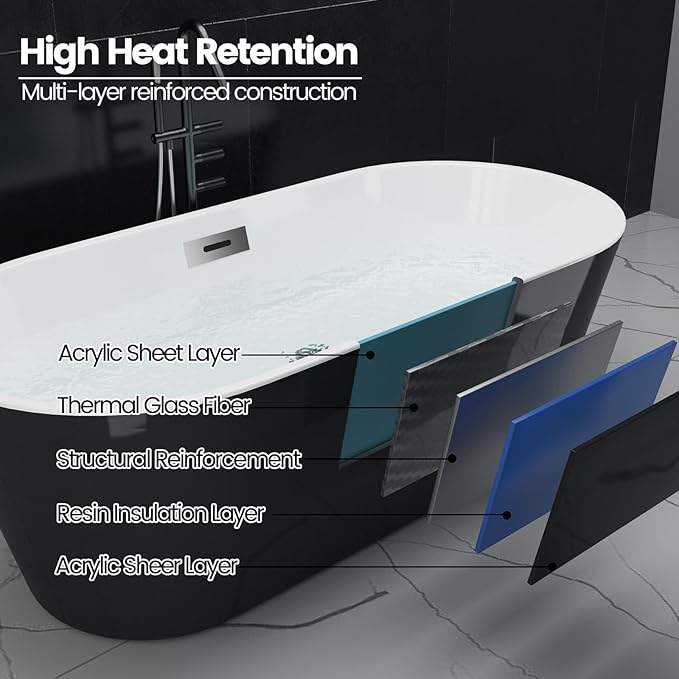 Freestanding Bathtubs 67 Inch Acrylic Freestanding Bathtub – Black & White Free Standing Tub with Chrome Drain & Overflow, Ergonomic Oval Soaker Tub for Family Bathroom