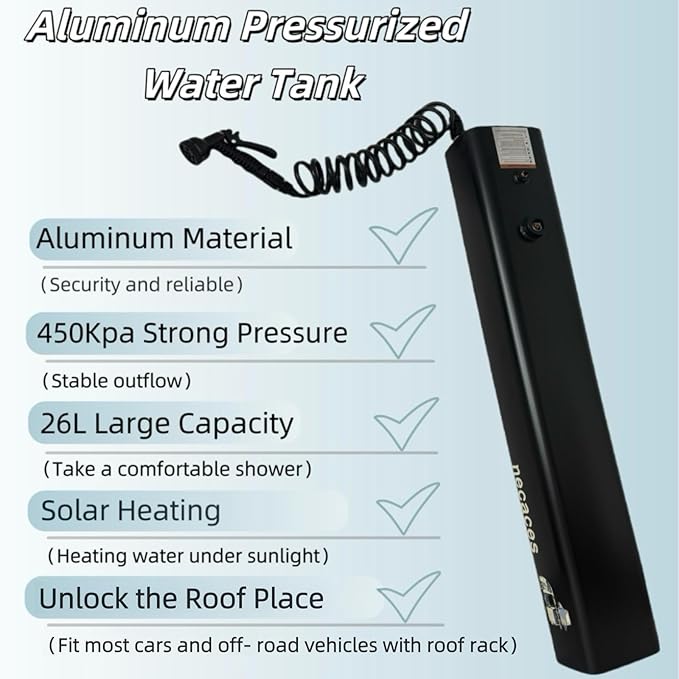 8Gallon Pressurized Water Tank,Portable Aluminum Camping Shower Water Storage with Spray Hose for Overland Off-Road Vehicles, Pick-up Trucks,Outdoor Activities Water Supply.