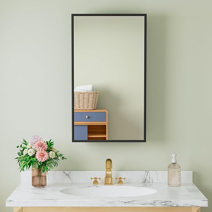 Buruis 14"x 24" Framed Medicine Cabinet with Mirror, Recessed or Wall Mounted Bathroom Cabinet, Adjustable Tempered Glass Shelves, Left/Right Open Reversible, No Assembly Required, Black