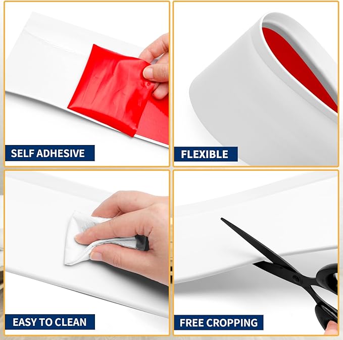 Flexible Baseboard Molding Trim 6 Inch Self-Adhesive Vinyl Wall Base Peel and Stick Cove Base Rubber Wall Baseboard Moulding Trim (20Ft, White)