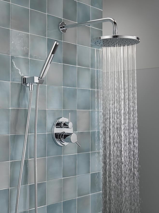 Delta Modern 14 Series Round Rain Shower System Faucet Set, Rainfall Chrome Shower Head and Handle Set, Valve Trim Kit, 10 Inch, Chrome 342702