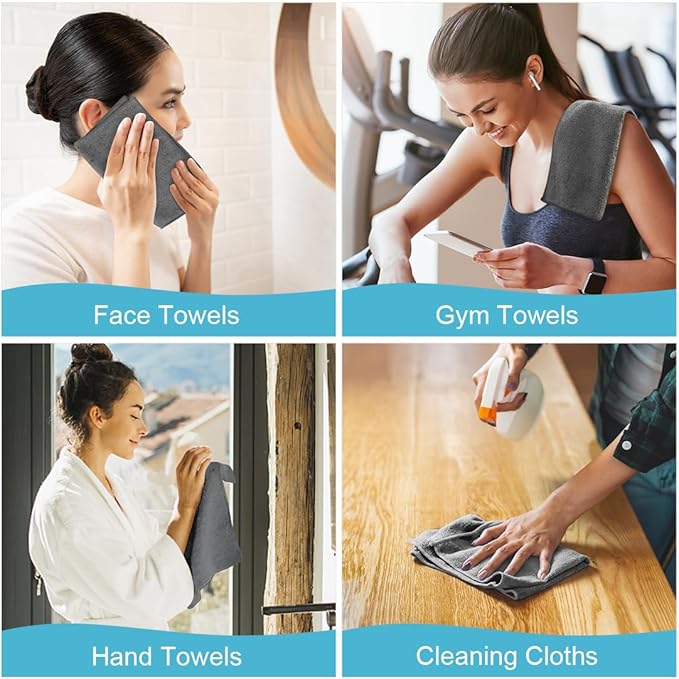 Orighty Washcloths Towels Set 20 Pack, Highly Absorbent and Soft Feel Microfiber Face Cloths, Multi-Purpose Wash Cloths & Hand Towels for Bathroom, Hotel, Spa, and Gym, 11.5x11.5 Inch, Grey
