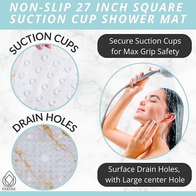 ENKOSI Square Shower Mat 27x27 inch - Anti Slip Shower Stall Floor Mat - Non Slip Shower Mats with Strong Secure Suction Cups and Drain Holes in Middle (27x27 Marble White Gold)