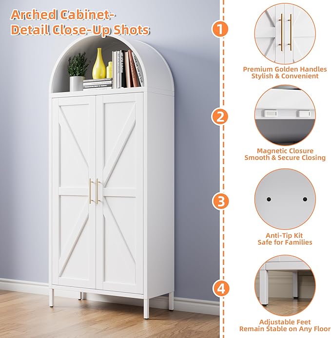 Kitchen Pantry Cabinet, 67in Tall Arched Storage Cabinet with Doors and Shelves, White Freestanding Cupboard for Laundry, Dining Room, Living Room, Bathroom