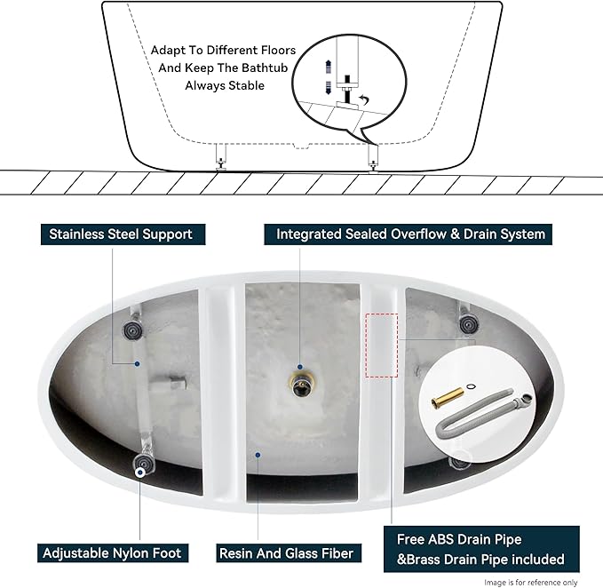 FerdY Naha Elite 59" Acrylic Freestanding Bathtub, Curve Edge Freestanding Soaking Bathtub, Glossy White, cUPC Certified, Polished Gold Drain & Minimalist Linear Design Overflow Included