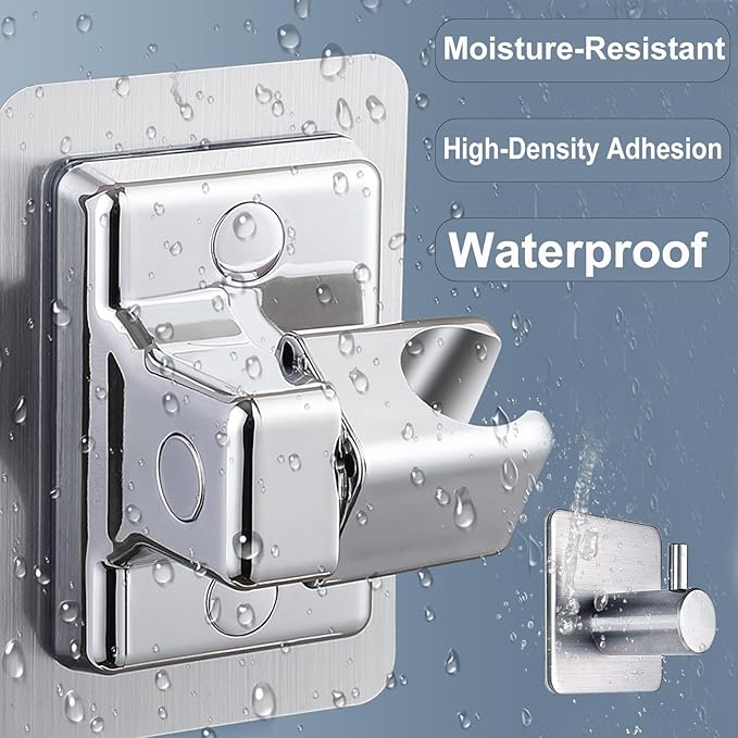 360° Adjustable Shower Head Holder, Handheld Shower Head Holder with Strong Adhesive, Waterproof, No Drill Wall Mount with Adhesive Hooks for Bathrooms, Heavy Duty Hooks for Walls, No Damage