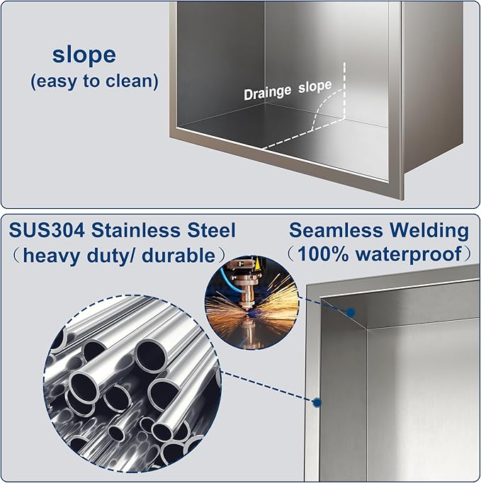 Neodrain Recessed Shower Niche, Bathroom Storage Cabinet Inner Size 12" X 12", Brushed Stainless Steel Bathroom Wall Niche Insert No Tile Needed for Shampoo