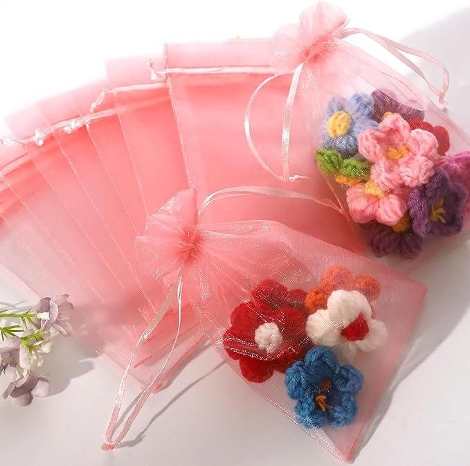 Hopttreely 100pcs Organza Bags, Pink 4''x4.72''(10x12cm) Satin Drawstring Organza Pouch Wedding Party Favor Gift Bag Jewelry Watch Bags