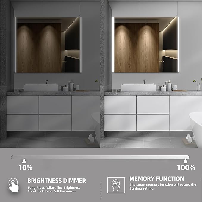 Medicine Cabinet with LED Lights and Mirror, 48 x 32 Inch Surface or Recessed Mounted Bathroom Cabinets with Door, Defogger, Memory Function, 3-Color Mode, Outlet&USB, Dimmer, Storage Shelf