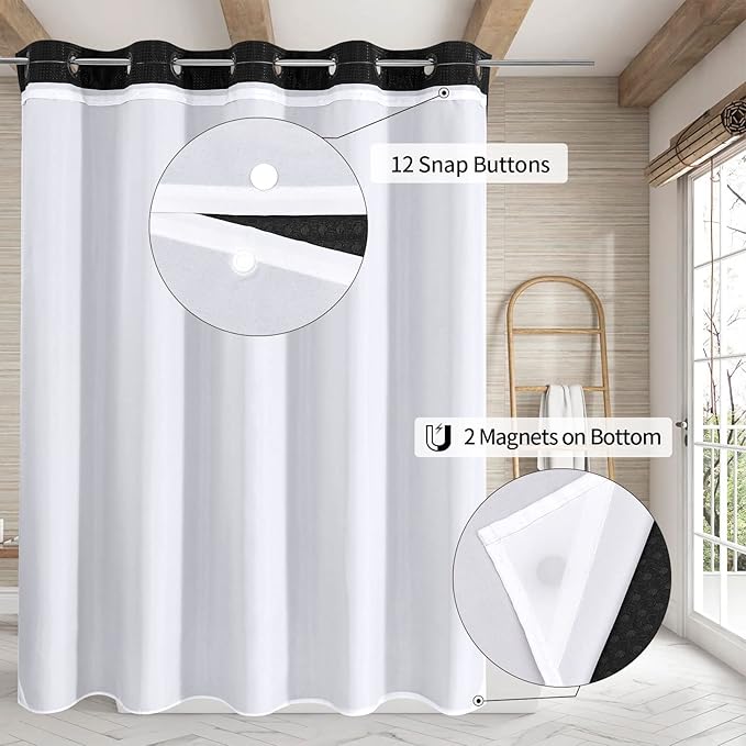 MitoVilla No Hooks Needed Extra Long Shower Curtain Liner Set, 86 inch XL Black Waffle Heavyweight Fabric Cloth Shower Curtains Set with Snap-in Liner for Modern Luxury Hotel & Spa Bathroom Decor