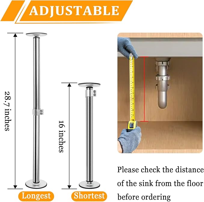 Undermount Sink Brackets, Stainless Steel Adjustable Sink Legs Installation and Repair Kit Support System with Waterproof Gloves for Kitchen, Bathroom(16.1-28.7inches)