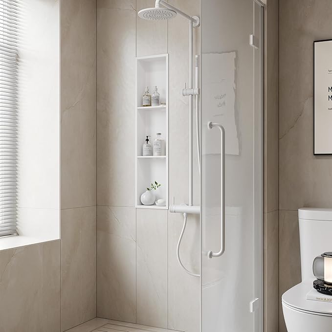 Neodrain 8X36 Inch White Three Layers Stainless Steel Shower Niche, NO Tile Needed Recessed Niche Shelf for Bathroom Storage, 3-Tier Recessed Built-in Wall Niche