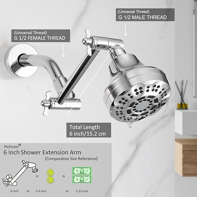 6 Inch Adjustable Shower Head Extension Arm, All-Metal Shower Arm Extender with Locking Set Screw for Rainfall, Fixed, Handheld Showerheads, G1/2 Universal Thread, Easy Installation, Chrome