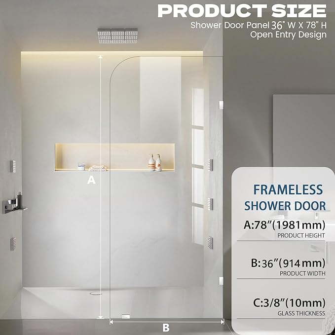Frameless Shower Door, 36" W ×78" H Fixed Shower Glass Panel with Clamps, 3/8" (10mm) Glass Shower Doors, Clear Tempered Bathroom Shower Screen in Polished Chrome Finish