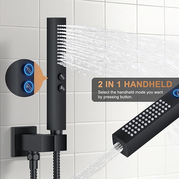 Shower Faucet Set, Ceiling Mount Shower System 12-inch & 6-inch Dual Shower Head Set with 2 in 1 Handheld Spray Rain Shower Faucet Head with Rough-in Valve and Shower Trim Kit, Matte Black
