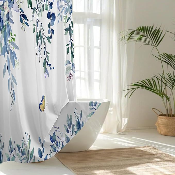 No Hook Shower Curtain and Liner Set, Blue Eucalyptus Floral Shower Curtains for Bathroom, Bath Curtain Sets with Snap in Liner, Waterproof with See Through Top Window, 71x74 Inches