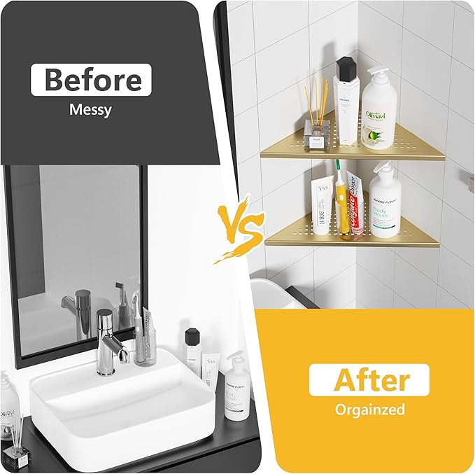 Neodrain 12 Inch Golden Corner Wall Shelf Set of 2, Floating Corner Shelves for Wall, 304 Stainless Steel Wall Storage Shelves for Bathroom,No Drilling