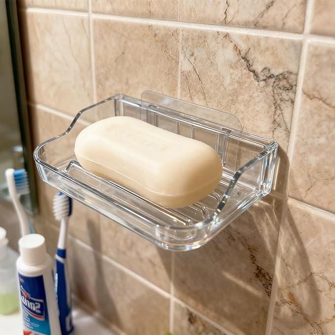 Soap Bar Holder for Shower Wall Mounted, Soap Dish Container Saver Strong Adhesive No Drilling for Bathroom Kitchen Sink, Clear