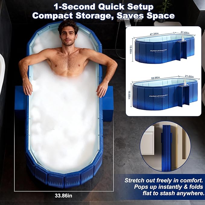 Portable Bathtub for Adult 47" Large Collapsible Cold Plunge Bathtub Foldable No Installation Ice Bath Tub for Shower Stall, Bathroom Hot SPA Soaking Standing Tub
