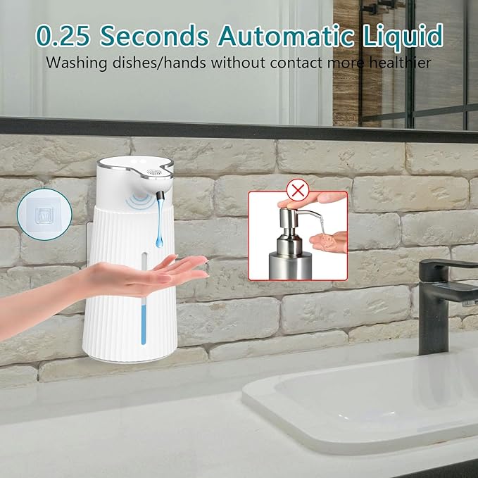 Automatic Liquid Soap Dispenser, 10.5oz/400ML Adjustable Wall Mount Touchless Soap Dispenser Waterproof for Bathroom Kitchen, USB C Rechargeable with Intelligent Infrared Sensor