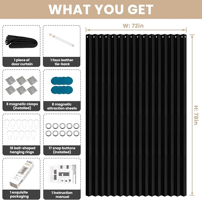Accordian Door Curtain, 100% Blackout Folding Magnetic Doorway Curtains,Linen Style Closet Doors,for Room Divider,Privacy Protection（W72 x L78,Black,1 Panel）