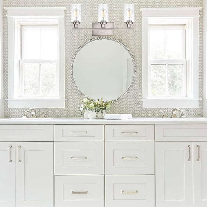 Bathroom Light Fixtures 3-Lights Seeded Glass in Brushed Nickel Finish, 23.6-Inches Vanity Lighting Bath Wall Mount Lamp for Kitchen Living Room Workshop