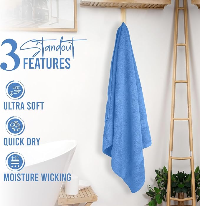 RIVERSIDE 100% Ring Spun Cotton Large Bath Towels Set of 4, 27 x 54 Inches – Quick Dry, Soft & Highly Absorbent Towels for Shower & Bathroom – Luxury 600 GSM Towels for Home, Spa, Gym, Medium Blue