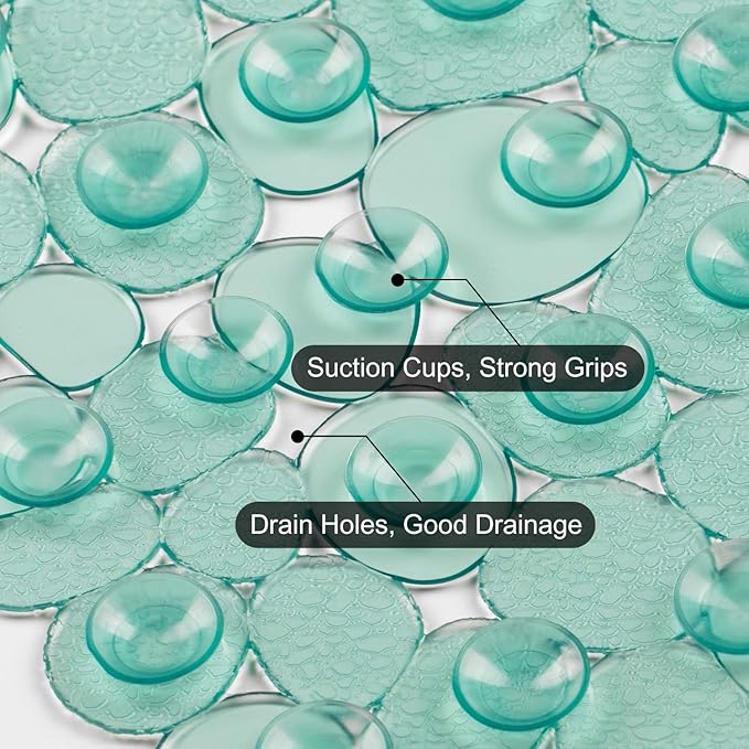 WELTRXE Pebbles Bathtub and Shower Mat Non Slip, Oval Bath Mats for Bathroom Tub Washable with Suction Cups, Drain Holes, BPA Free, 27 x 14 Inch, Dark Green