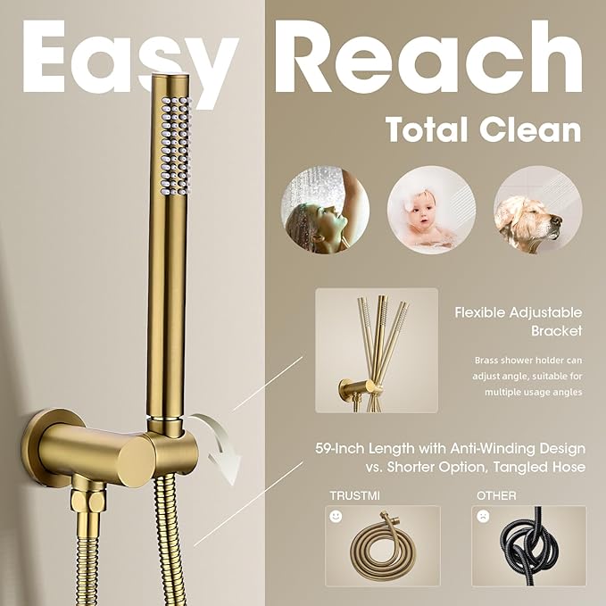 TRUSTMI Brushed Gold Shower System Pressure Balance 10 Inch Rainfall Shower Set with Brass Rough-In Diverter Valve and Trim Kit, Wall Mounted