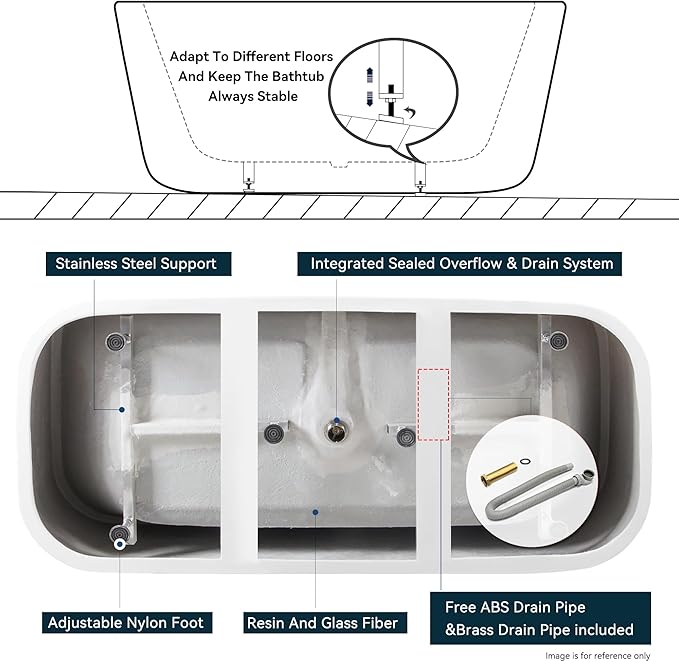 FerdY Maui 67" Acrylic Freestanding Bathtub, Contemporary Elegant Design Soaking Tub with Matte Black Drain and Minimalist Linear Design Overflow, Easy to Install