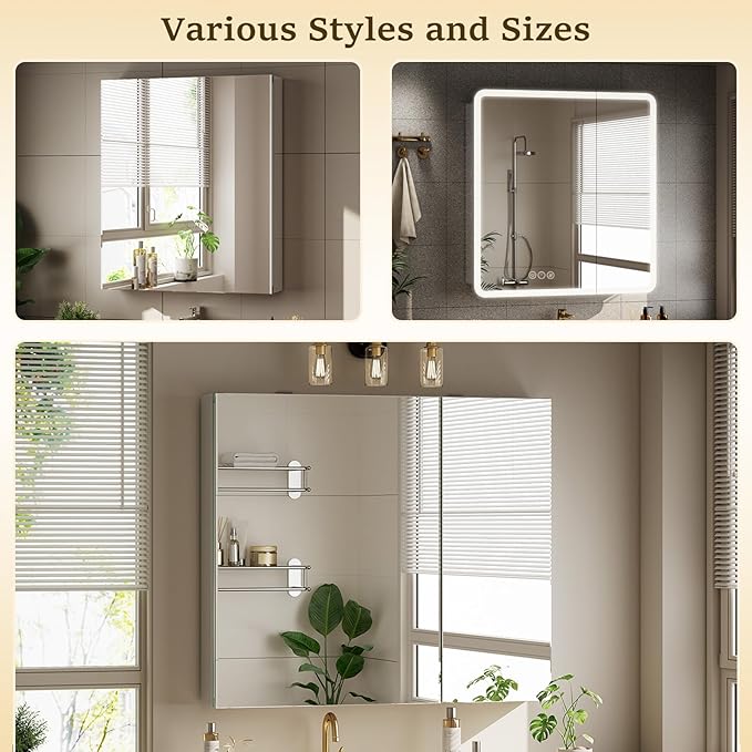 Bathroom Medicine Cabinet with Mirror, 36 Inch x 26 Inch Bathroom Mirror Cabinet with Double Door & Adjustable Shelves, Surface Mount or Recess Installation