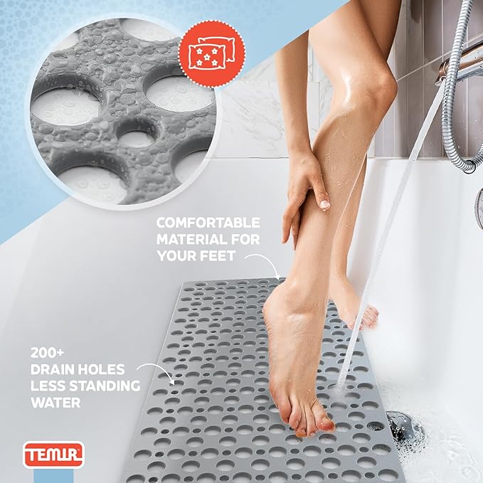 TEMIR Bathtub Mat Non Slip and Shower Mat with Suction Cups and Drain Holes, 30x17 in (75x43 cm), Soft Machine Washable Non Slip Bath Mat, Shower Mats for Inside Shower, Easy Dry&Cut (Gray)
