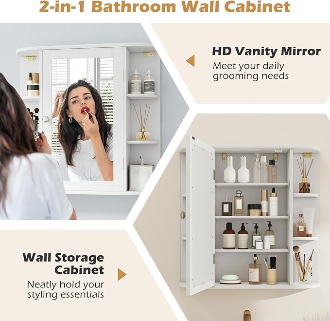RELAX4LIFE Bathroom Wall Cabinet with Mirror - Medicine Cabinet w/Door & Open Shelves, Over The Toilet Storage Cabinet Organizer, Mirrored Bathroom Cabinet Wall Mount (White)