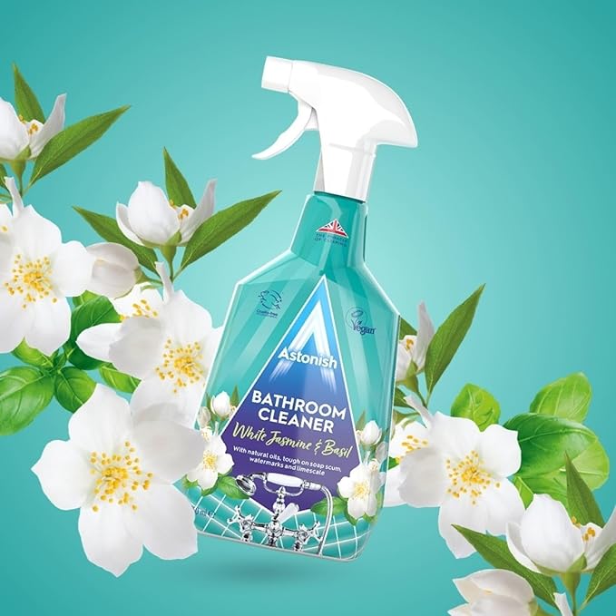 Astonish 750ml Streak-Free White Jasmine & Basil Foaming Bathroom Cleaner Spray Bottles, 2 Pack – Deep Clean Soap Scum, Watermarks & Limescale – Vegan, Cruelty-Free Household Cleaning Supplies