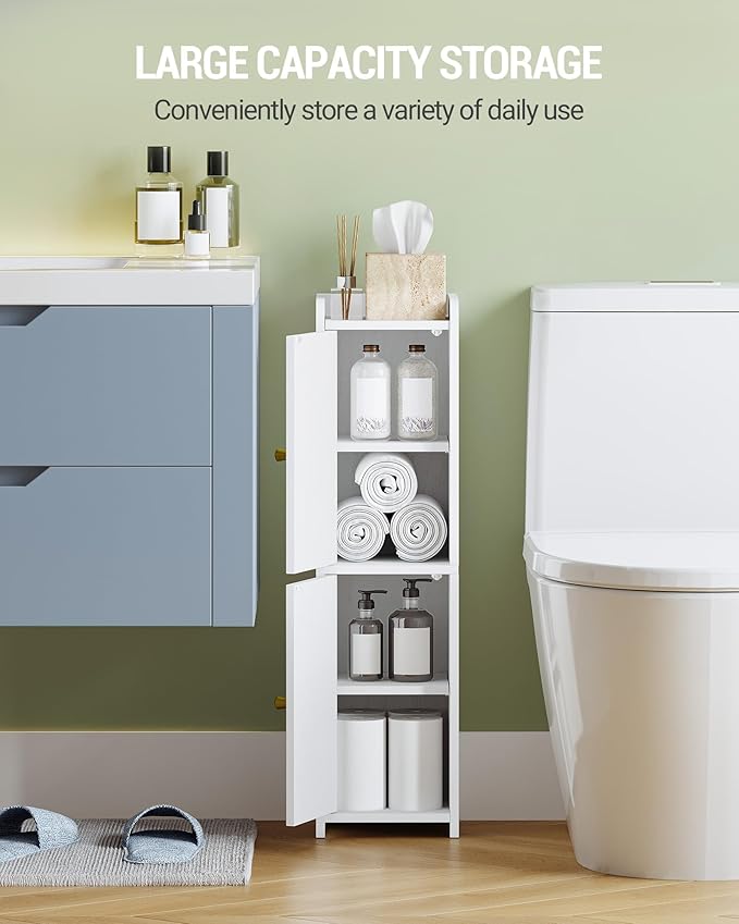 Bathroom Storage Cabinet, Corner Floor Cabinet with 2 Doors and Adjustable Shelf, Narrow Toilet Paper Cabinets, Bathroom Organizer for Small Spaces, 7.9" D x 7.9" W x 29.5" H White
