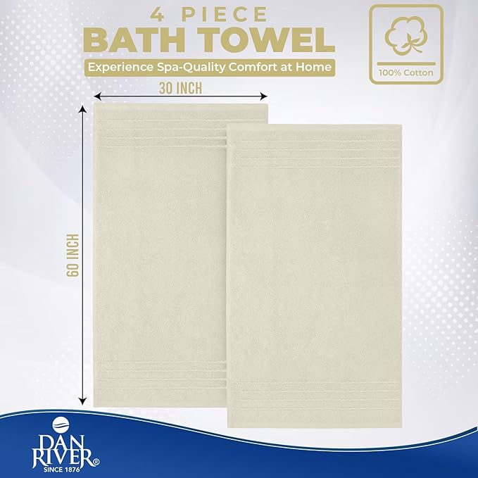 DAN River Extra Large Bath Towels Set of 4, 30 x 60 Inches - 100% Cotton Larger & Lighter Weight Towels for Bathroom - Quicker to Dry, Super Soft & Highly Absorbent Towels for Home, Ivory