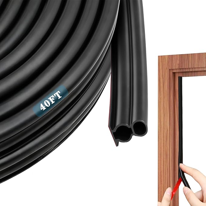 Door Seal Strip for Door Frame, Rubber Weather Stripping Door Seal, Self-Adhesive Extra Thick Insulation Strip, Soundproofing, Dustproof, Large Gap Filler (Black, 40 Ft)