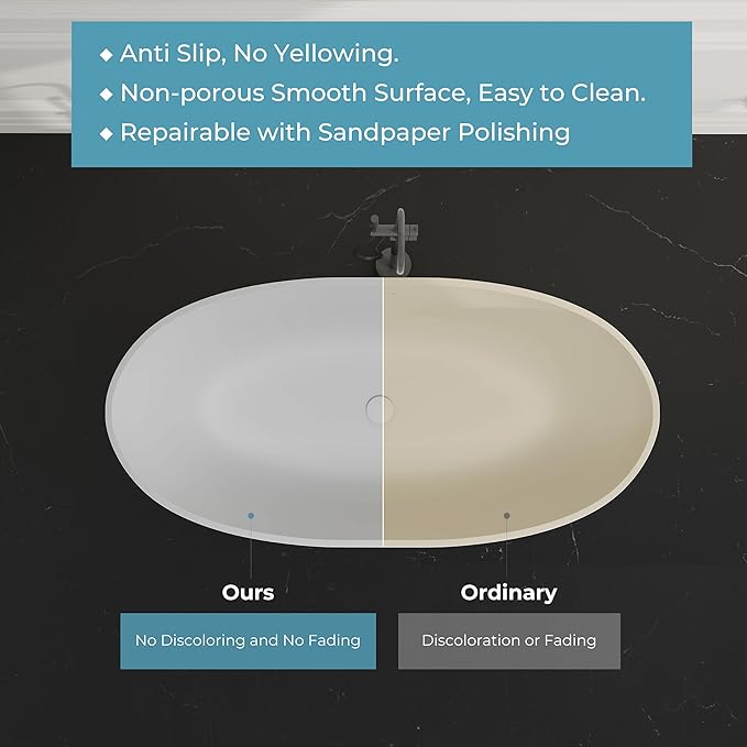 65" Premium Solid Surface Freestanding Bathtub, Contemporary Design Stand Alone Stone Resin Tub with Overflow and Pop-up Drain, Matte White