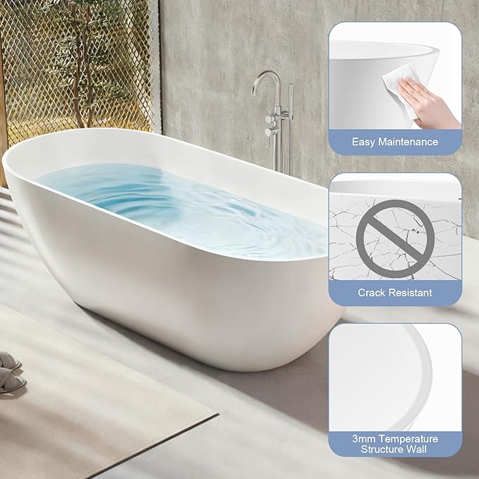 63 Inch Solid Surface Freestanding Bathtub, Oval Shaped Soaking Stone Resin Bath Tub with Brushed Overflow and Drain, Matte White Stand Alone Bathtub, cUPC Certified