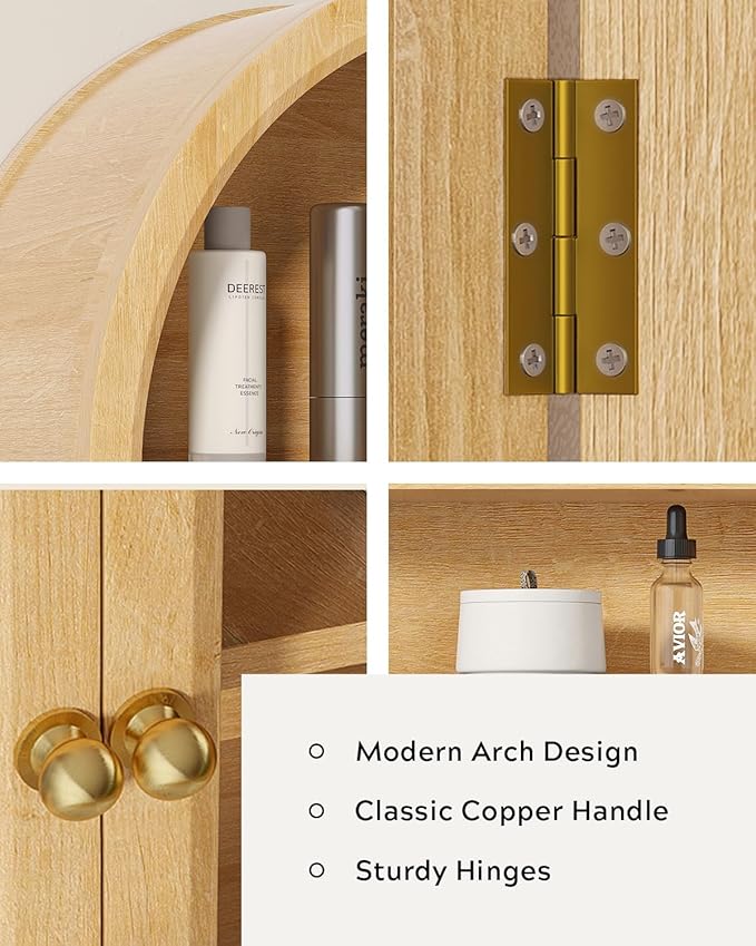 Large Arched Wall Cabinet with Acrylic Door, Large Wooden Wall Mounted Bathroom Cabinet, Modern Hanging Medicine Cabinet with Adjustable Shelf and Open Shelf, Natural Oak