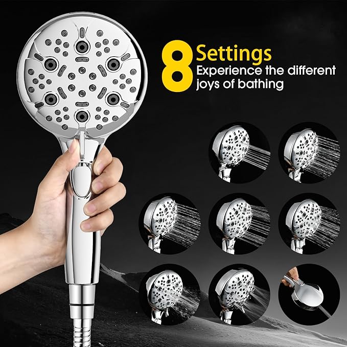 8-Mode High Pressure Handheld Shower Head with ON/OFF Switch,Handheld Shower Wand with Power Wash Spray for Cleaning Tubs,Pets & Tiles,79-Inch Stainless Steel Hose & Bracket,Chrome