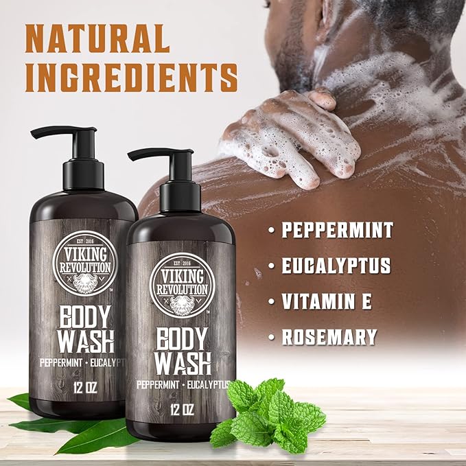 Viking Revolution Men's Body Wash - Eucalyptus Peppermint Body Wash for Men - Mens Natural Body Wash with Vitamin E and Rosemary Oil - Mens Shower Gel Liquid Soap - Peppermint Mens Bodywash (2 Pack)