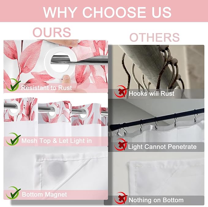 No Hook Shower Curtain and Liner Set, Pink Eucalyptus Floral Shower Curtains for Bathroom, Bath Curtain Sets with Snap in Liner, Waterproof with See Through Top Window, 71x74 Inches