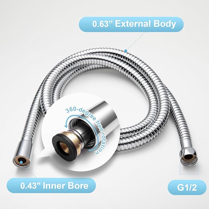 OFFO Shower Hose High Flow 0.43” Large Bore, Kink Free Stainless Steel Shower Head Hose Replacement Universal G1/2”, Leak-proof Extra Long Flex Handheld for Pet Bathing Cleaning, 60 in Chrome