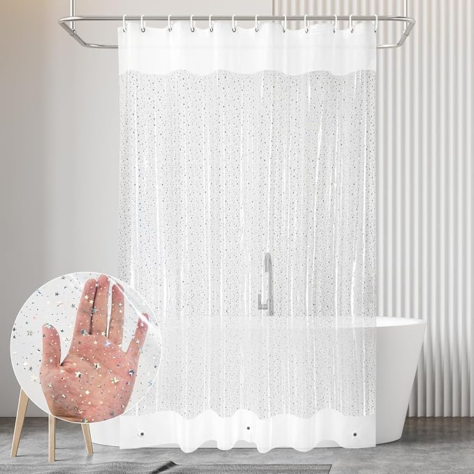 PEVA Shower Curtain, 72 x 72 Water Repellent Premium Bathroom Shower Curtain with 3 Magnetic Weights for Shower Stall, Bathtubs (Star)